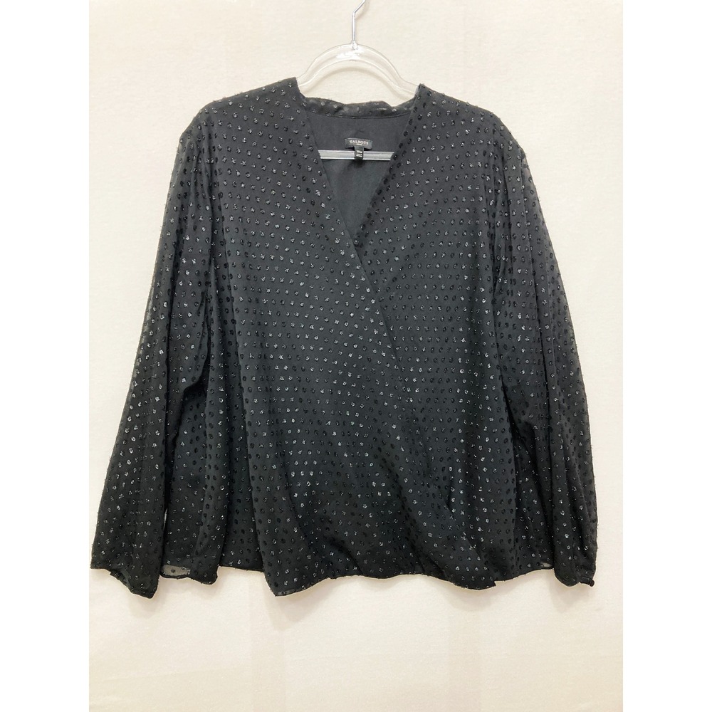 Talbots Black Surplice Blouse size 20W Black Swiss Dot Long Sleeve Preppy